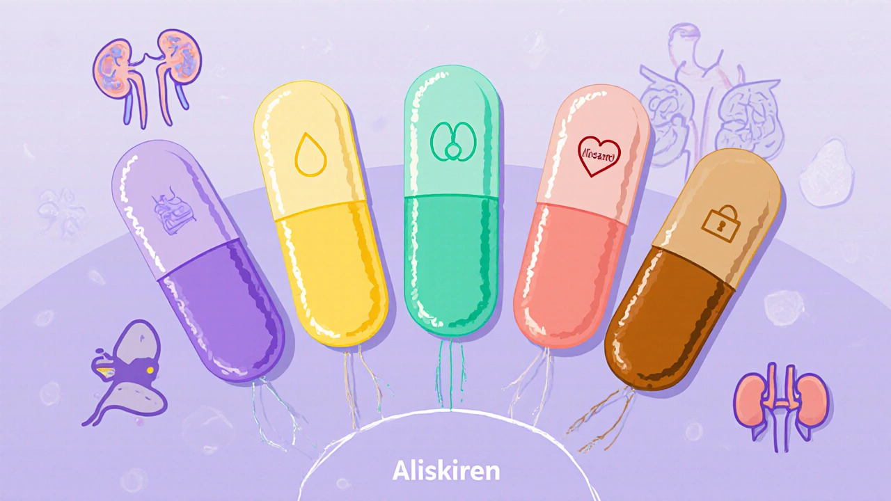 Cartoon comparison of five blood pressure pills with icons representing their mechanisms.