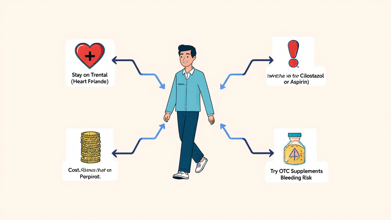 Cartoon flowchart depicting decision paths for choosing Trental or alternative treatments.