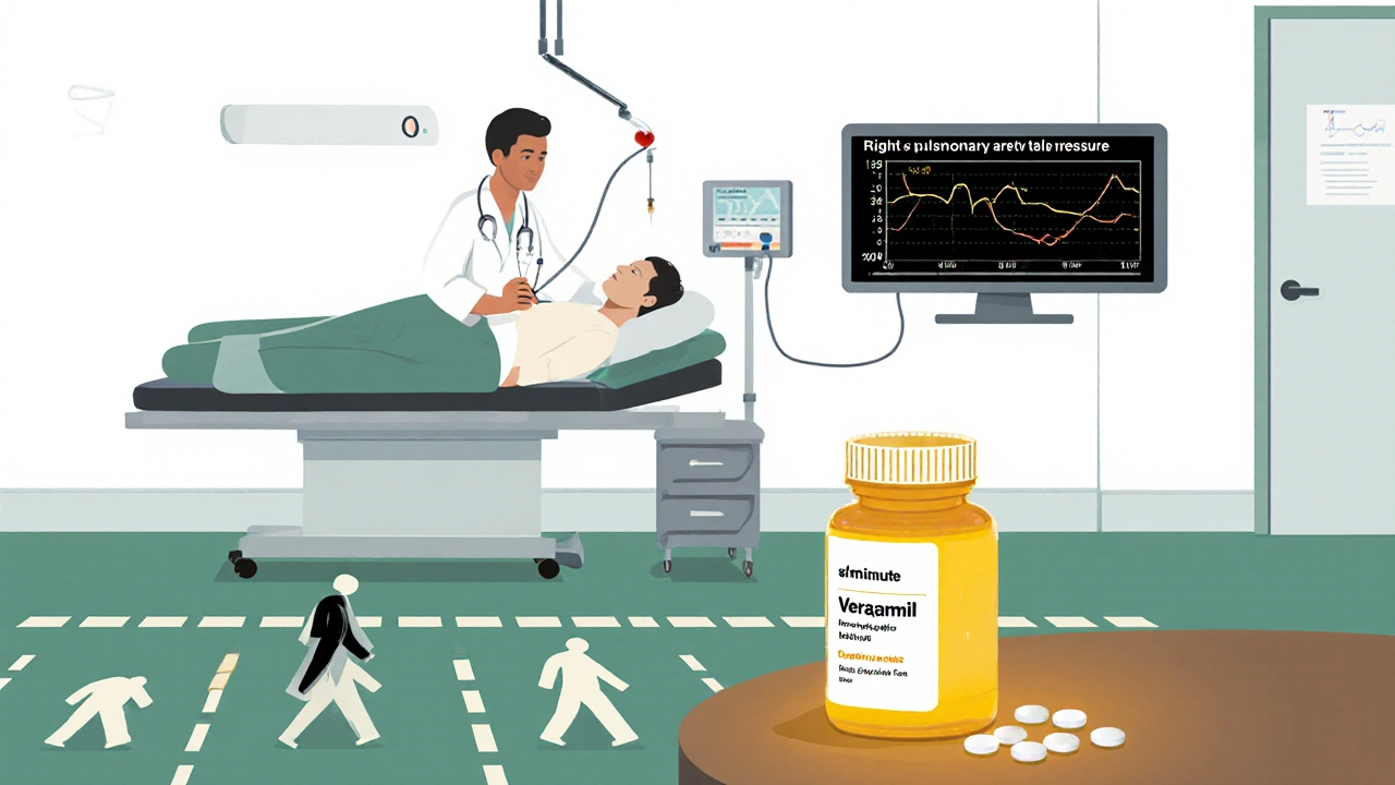 Cartoon lab scene of right‑heart catheterisation showing pressure drop and a six‑minute walk test.