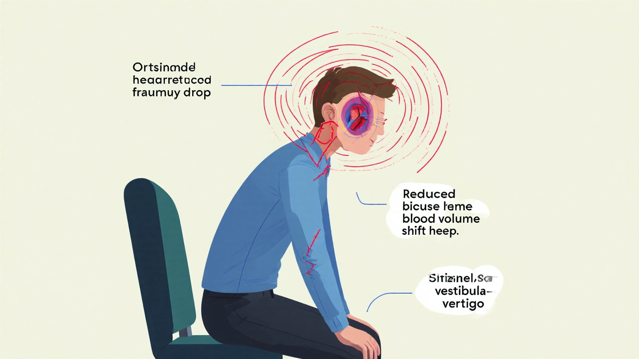 Cartoon of a person standing up, displaying blood‑pressure drop and inner‑ear dizziness.