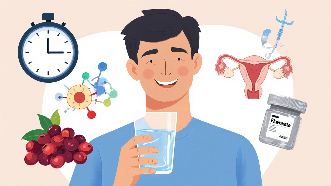 Cartoon of a person with water, timer, cranberry, D‑mannose, catheter and flavoxate pill illustrating preventive habits.