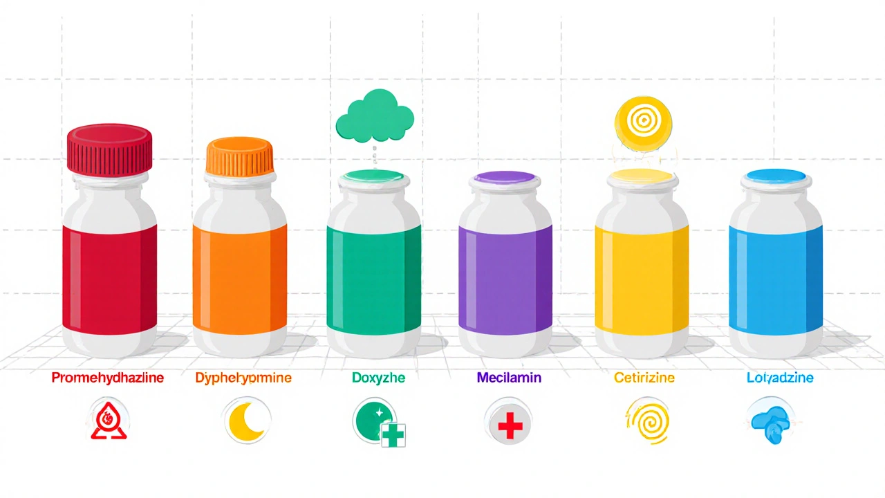 Cartoon pill bottles for seven antihistamines with icons for uses, sedation levels and OTC status.