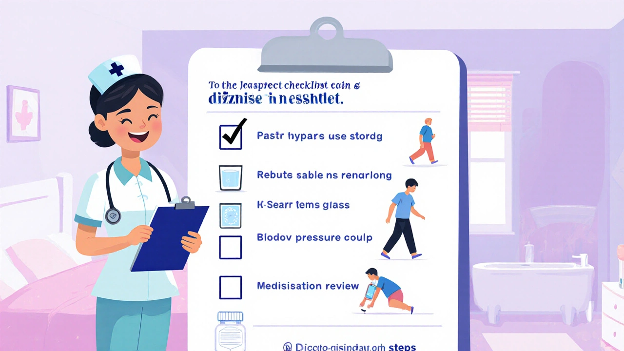 Checklist illustration with icons for rising slowly, hydration, BP monitoring, medication review, and balance exercises.