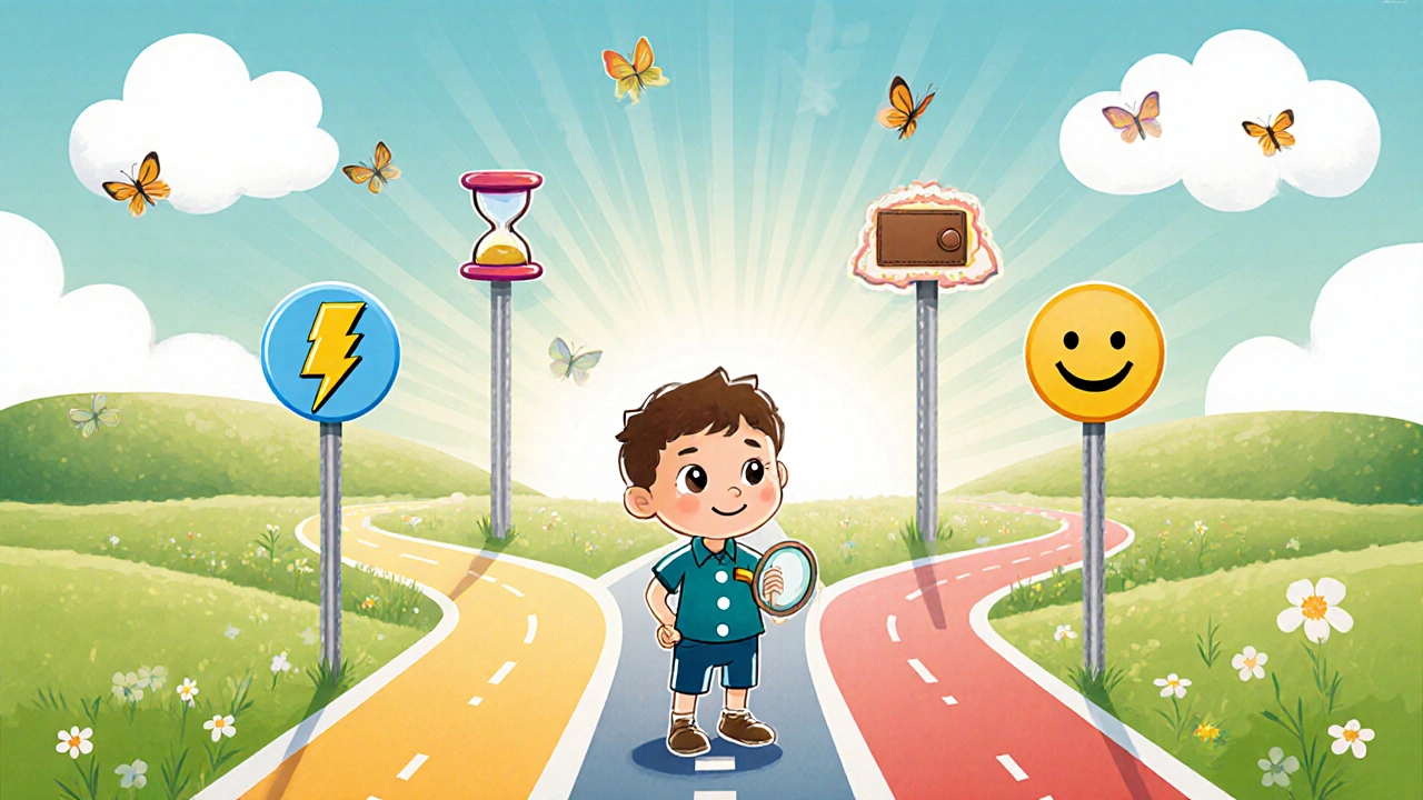 Child at a forked road choosing between icons for fast onset, long duration, low cost, and mild side effects.