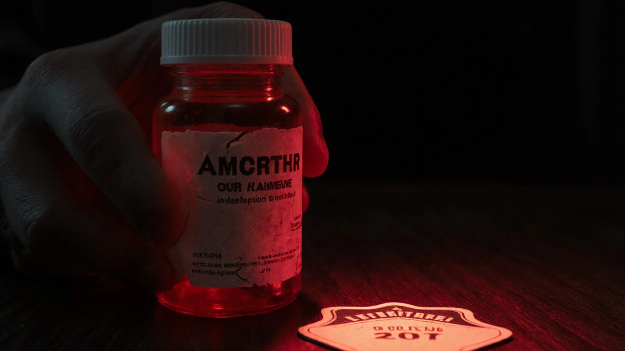 Close-up of a suspicious pill bottle highlighting counterfeit risk.