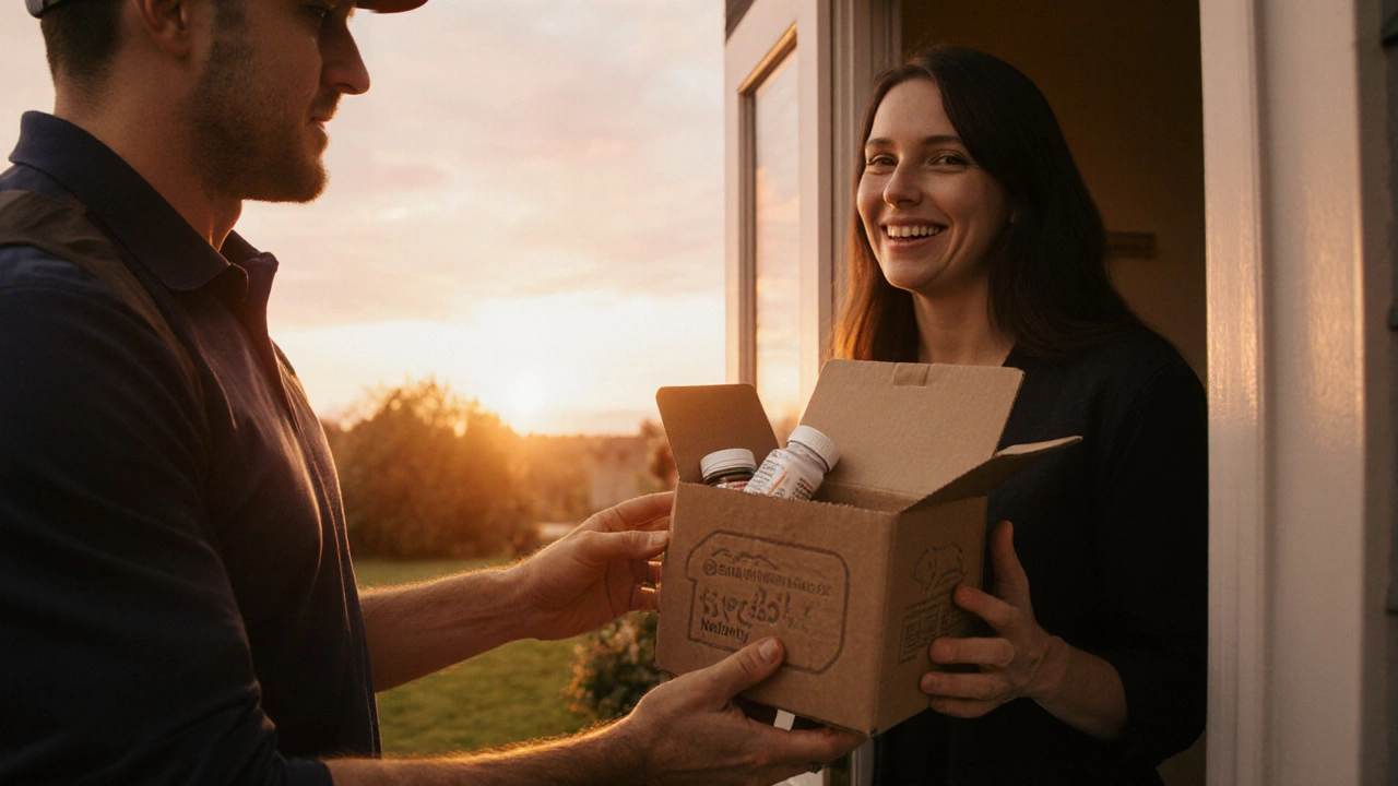 Courier delivers a pharmacy box with medication bottle visible at sunset.