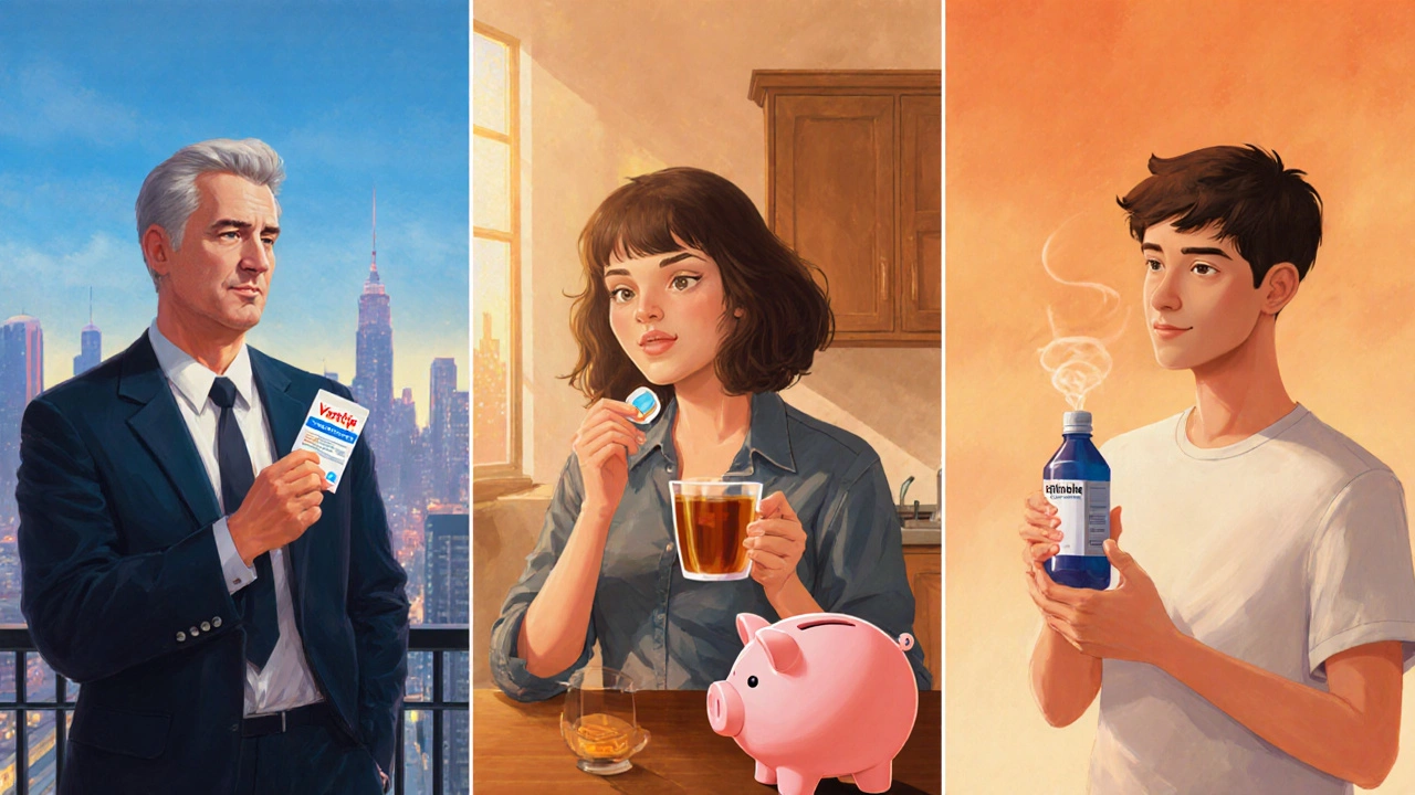 Digital art showing three people: one with Varnitrip, one using a patch, and one holding cytisine, under warm lighting.