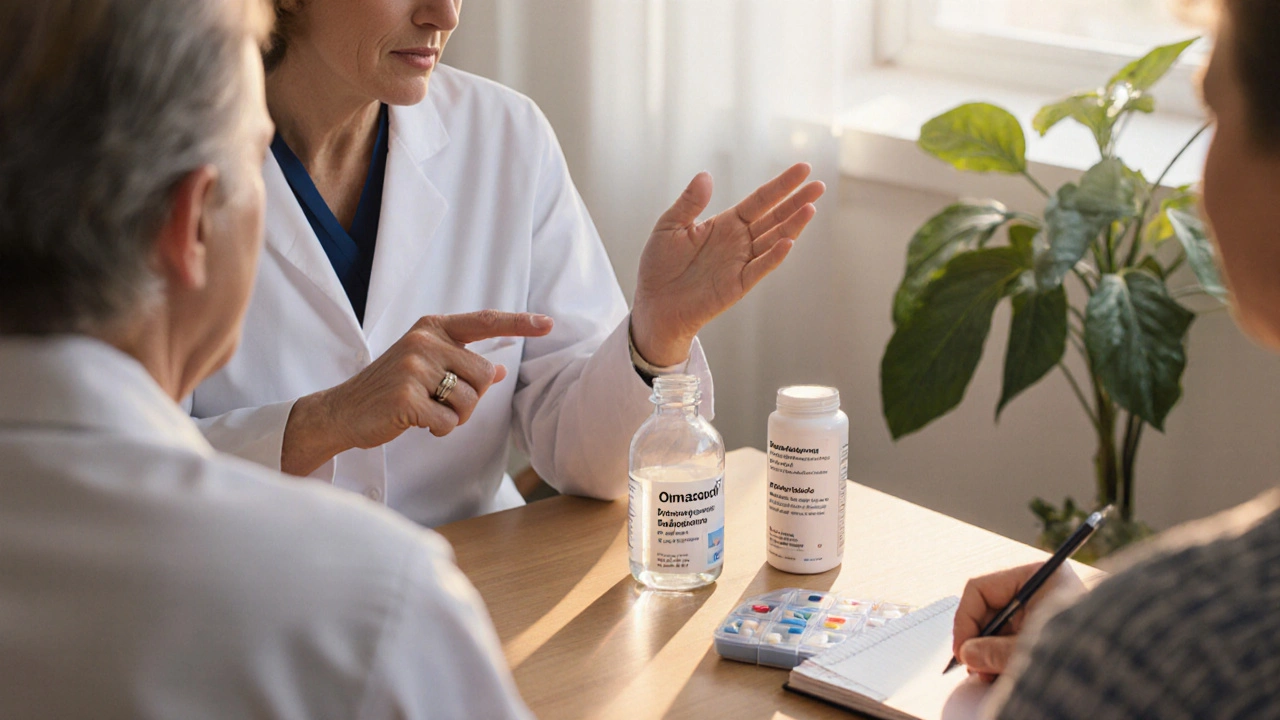 Doctor&#039;s office with a doctor showing various steroid bottles and an inhaler to a patient.