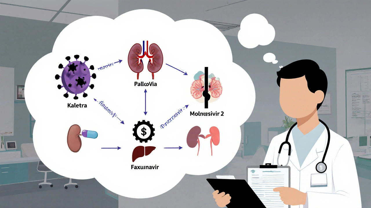 Doctor evaluating patient with pictogram flow chart of HIV and COVID‑19 antiviral options.