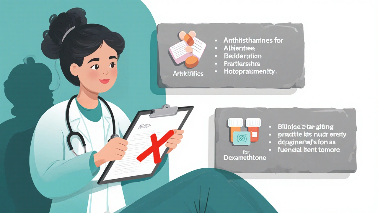 Doctor explaining treatment options with floating alternatives to steroids and caution symbols.