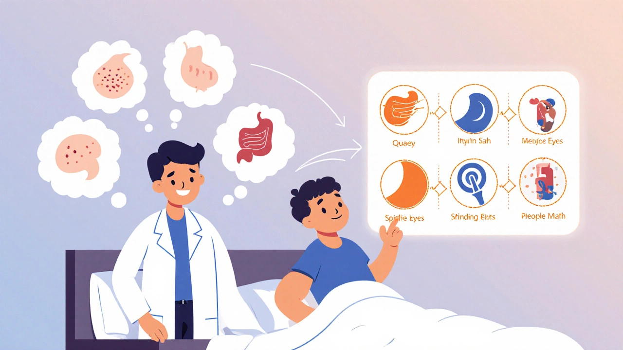 Doctor guiding a patient, thought bubbles link symptoms to specific antihistamine icons.
