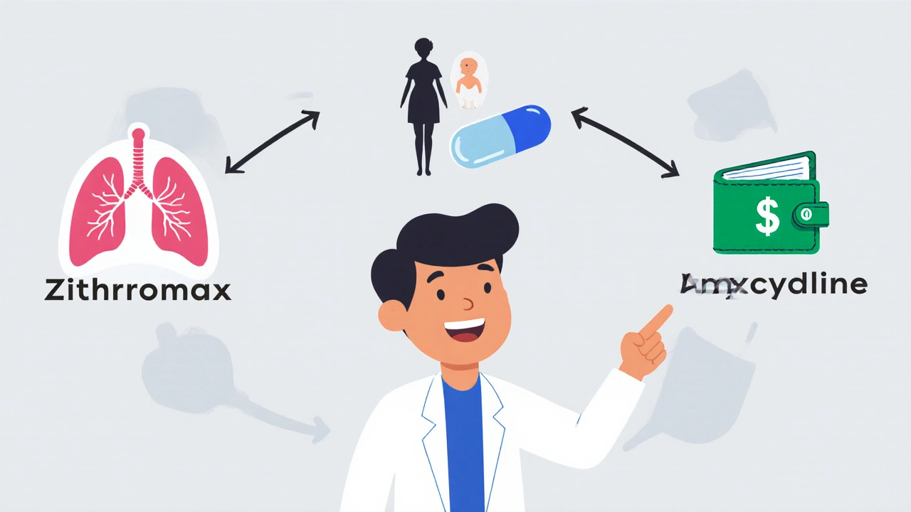 Doctor pointing to three paths showing pneumonia, pregnancy, and cost, each leading to a different antibiotic.