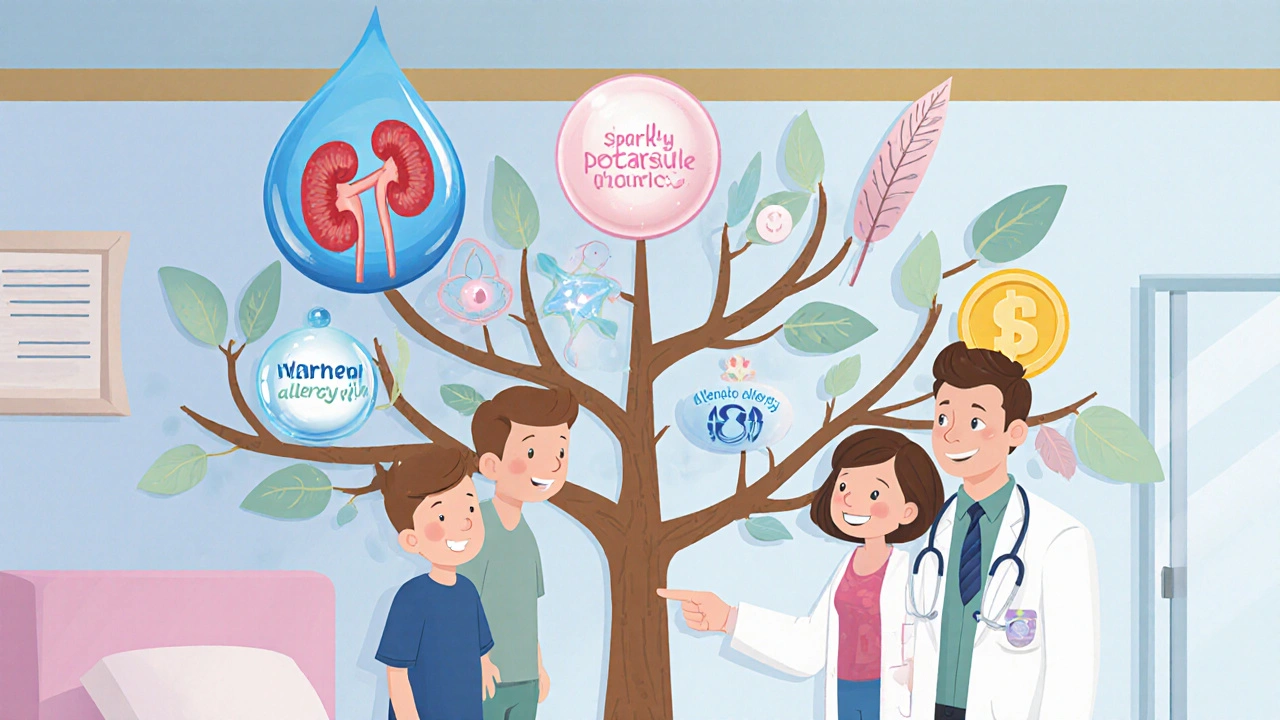 Family and doctor look at a colorful decision tree with icons for fluid, kidney, electrolytes, allergy, and cost.