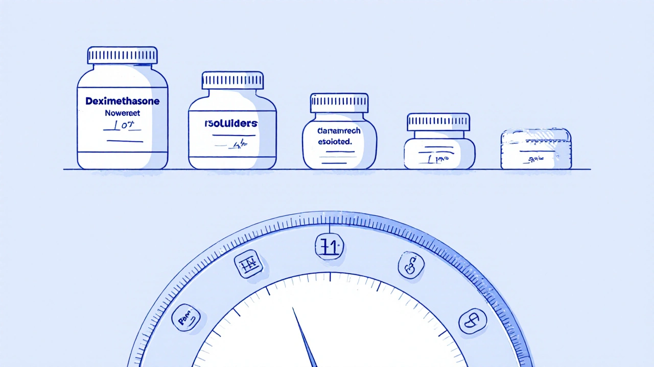 Five corticosteroid pills ranked by potency with strength ratios and side effect indicators.