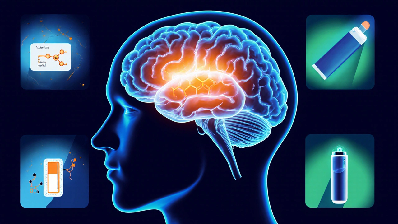 Illustration of brain receptors showing varenicline partially activating them, nicotine blocked, with patch, gum, and inhaler icons.