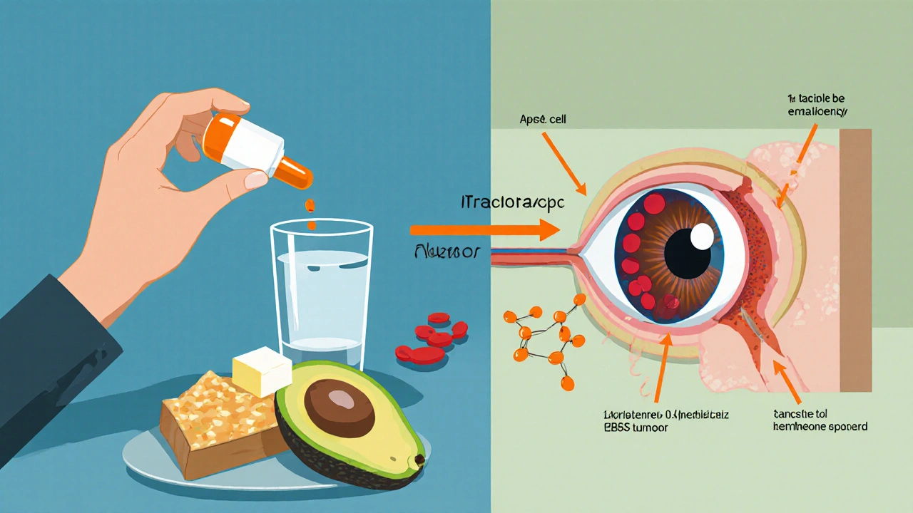 Illustration of oral itraconazole being taken with food, traveling through blood, reaching the eye, and blocking a fungal enzyme.