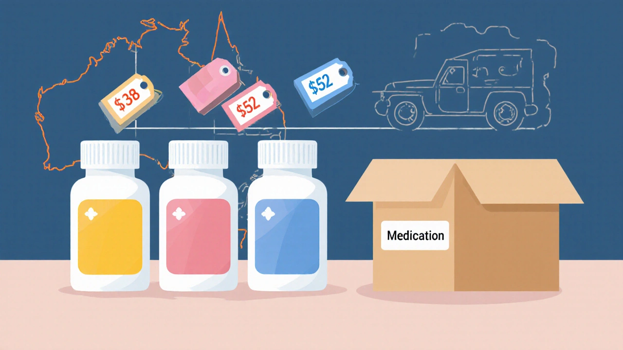 Illustration of three generic pill bottles with price tags and a discreet delivery box.