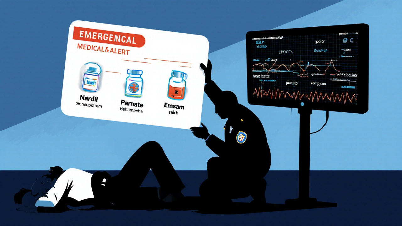 Medical alert card with icons of MAOIs and dangerous ingredients, held by an emergency responder beside a collapsed patient.