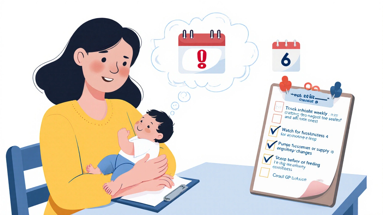 Nursing mother with baby, checklist and calendar indicating monitoring tips for EE use.