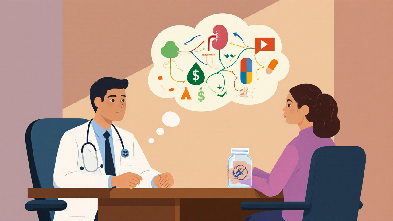 Patient and doctor discussing medication options with icons for cough, kidney, cost, and blood pressure.