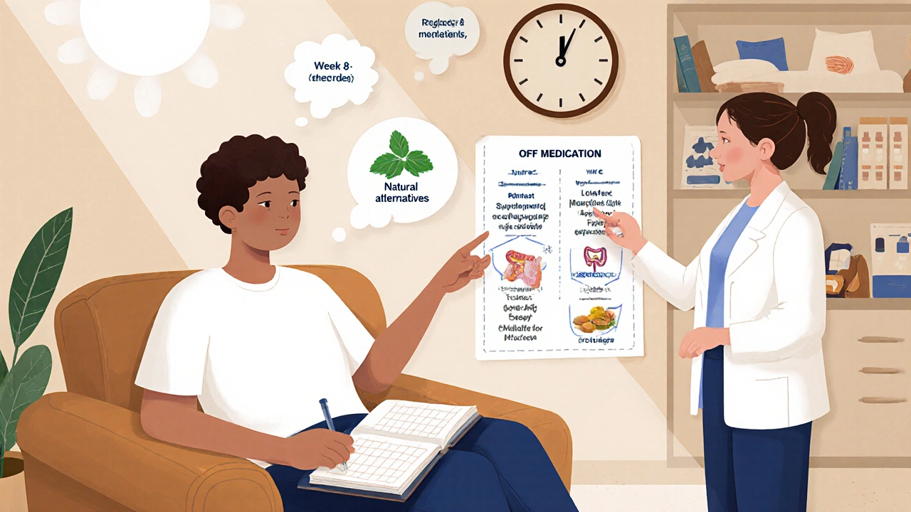 Patient and pharmacist reviewing a taper plan with natural alternatives like magnesium and peppermint oil.