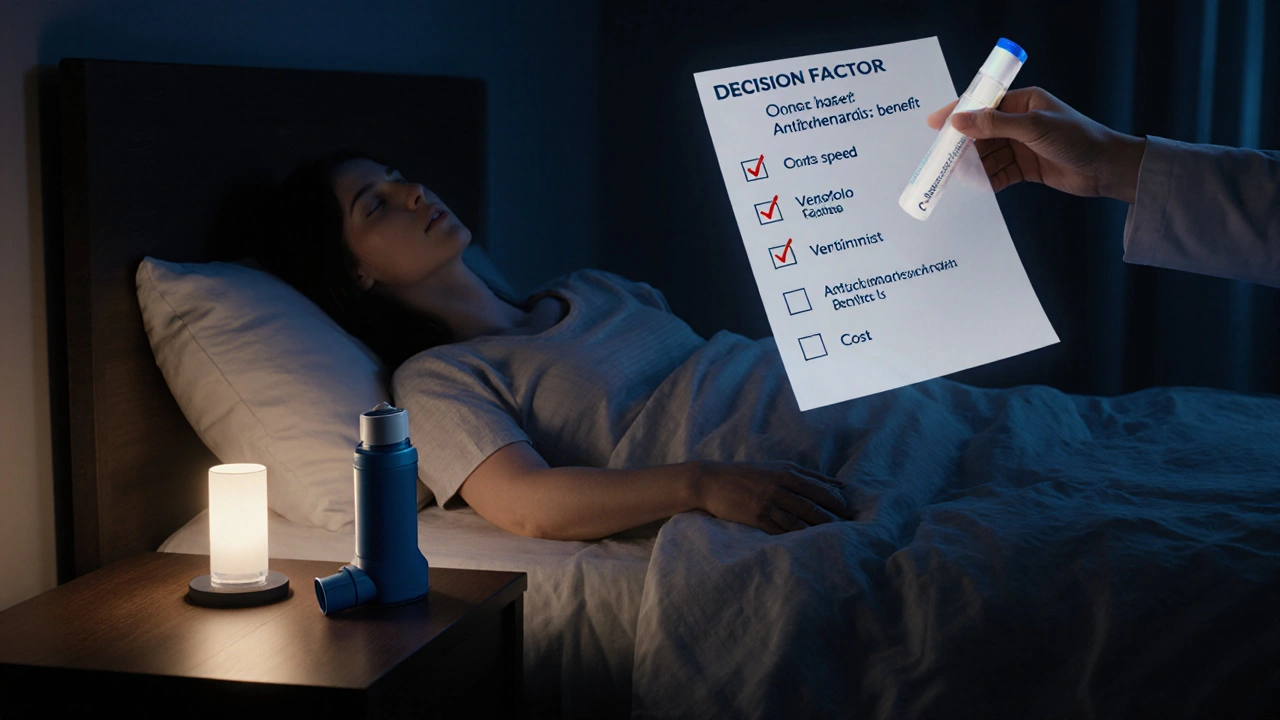 Patient using Combimist L inhaler at night with visual of cleared airways.