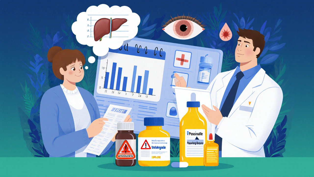 Patient with medication diary and doctor reviewing liver tests, while a healing eye and alternative antifungal pills are shown.