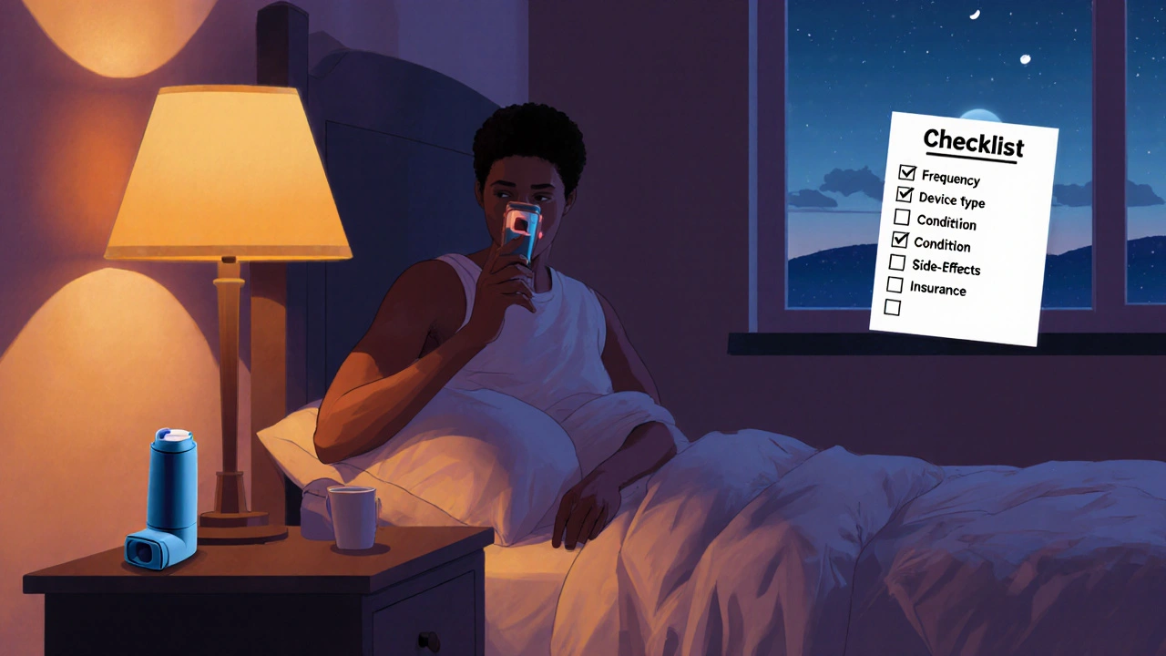 Person sitting on a bed at night, holding an inhaler next to a checklist on the nightstand.