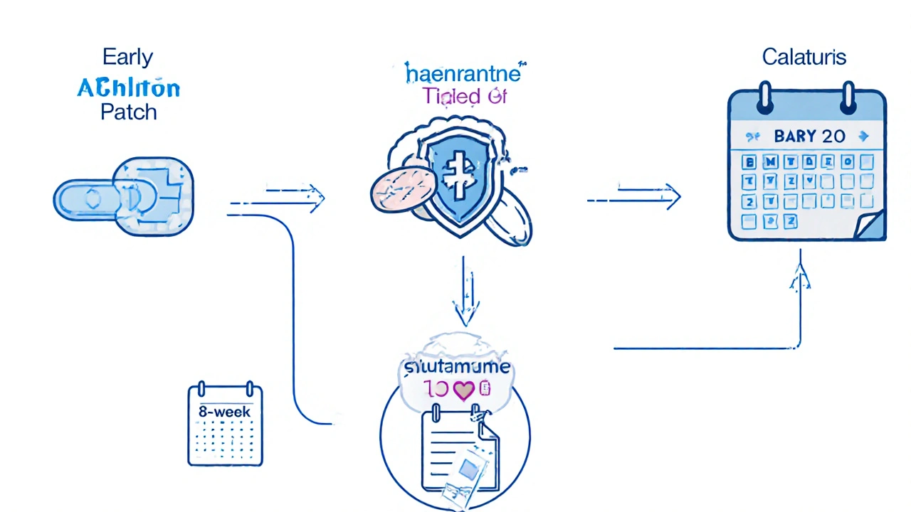 Progression of dementia treatment stages with Exelon, galantamine, and memantine, showing timeline and caregiver support.