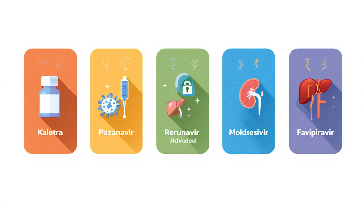 Seven panels comparing antivirals with icons for form, mechanism, organ impact, and interactions.