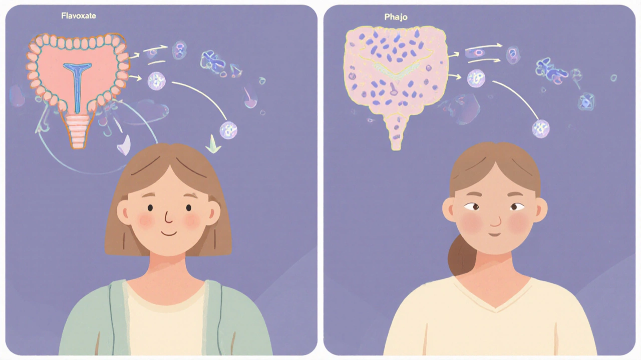 Side‑by‑side cartoon of flavoxate vs placebo showing better bladder emptying and fewer infections.