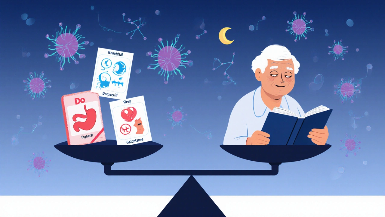 Side-by-side comparison of Alzheimer’s medication side effects using symbolic icons on a balanced scale.