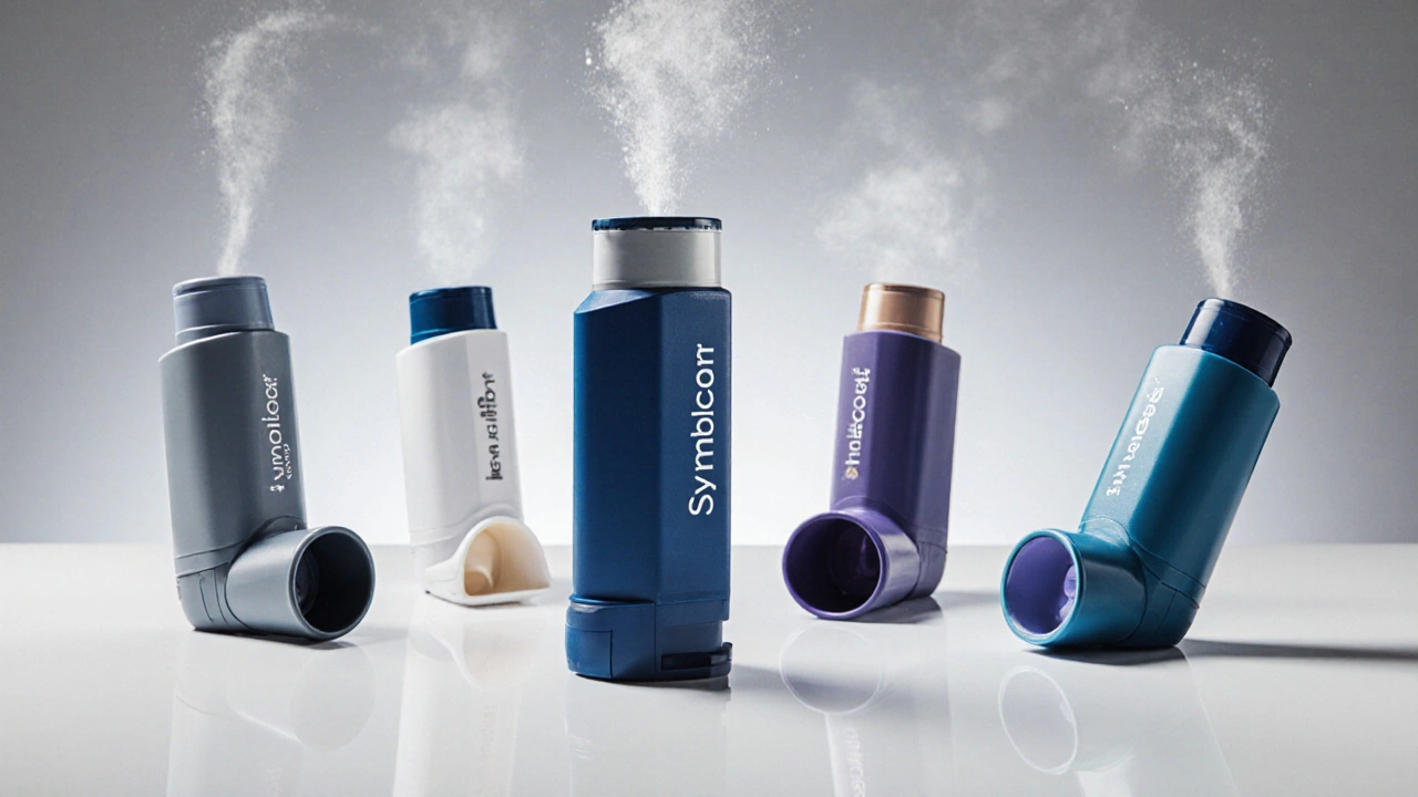 Six different inhalers arranged on a white countertop, showing their shapes and colors.
