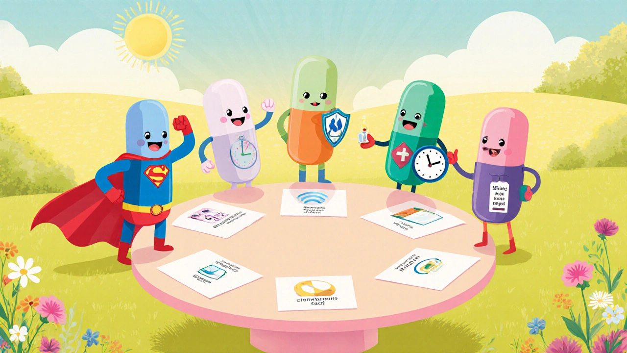 Six friendly pill characters representing different diuretics gather around a round table.