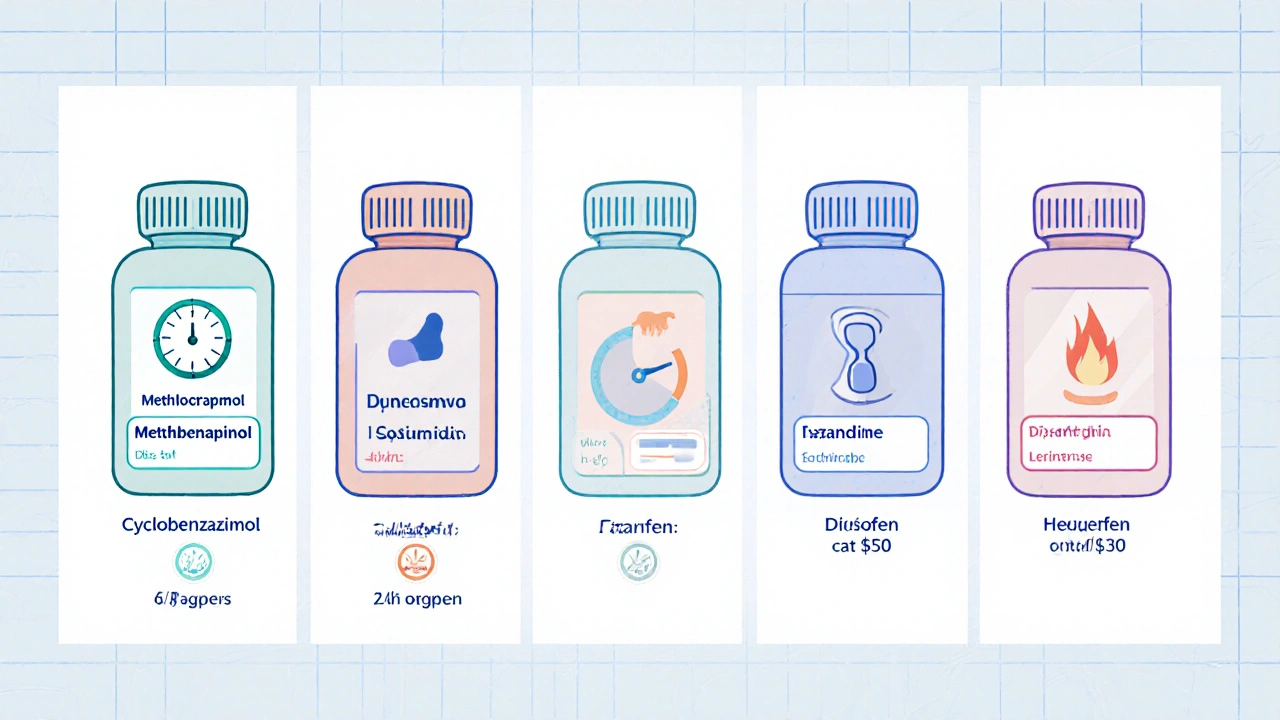 Split illustration comparing five muscle relaxants with icons for onset, duration, and side effects.