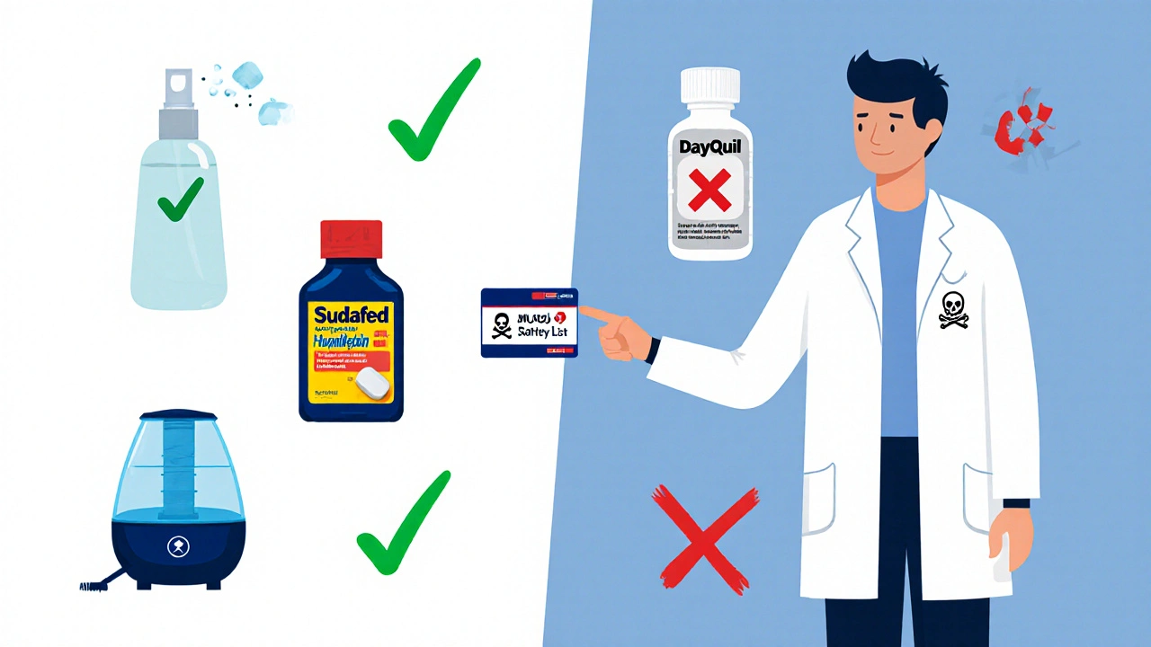 Split illustration: safe cold remedies on one side, dangerous OTC drugs with red Xs on the other, and a safety wallet card in center.