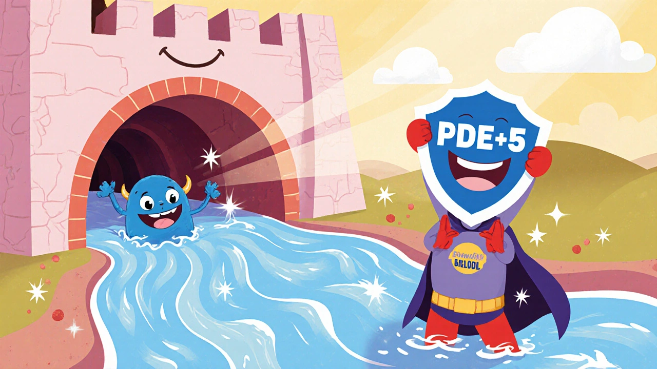 Superhero Sildenafil blocking a PDE‑5 monster as a river flows through a smiling tunnel.