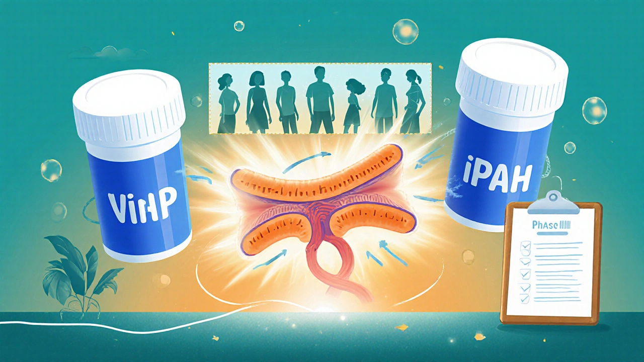Technical illustration of Verapamil and Sildenafil combined to dilate pulmonary arteries in a trial setting.