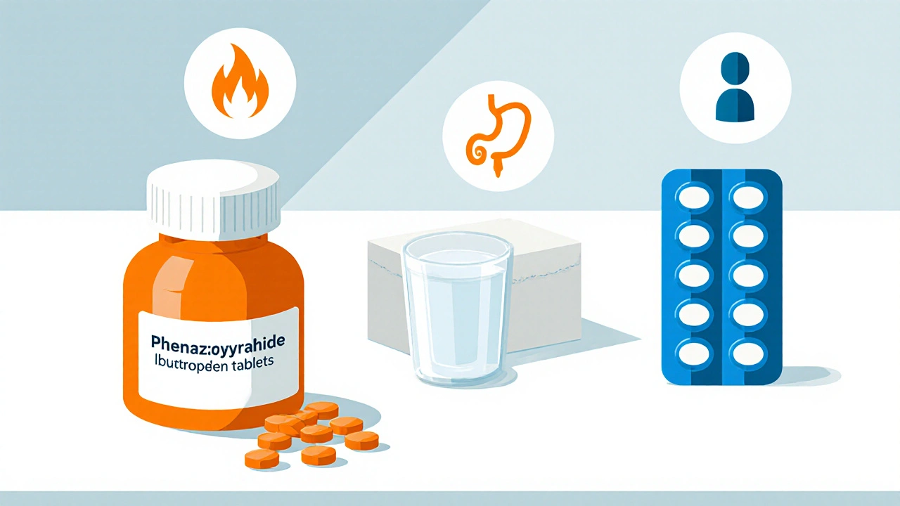Vector illustration of orange Phenazopyridine bottle, white ibuprofen box, and blue ciprofloxacin pack with icons.