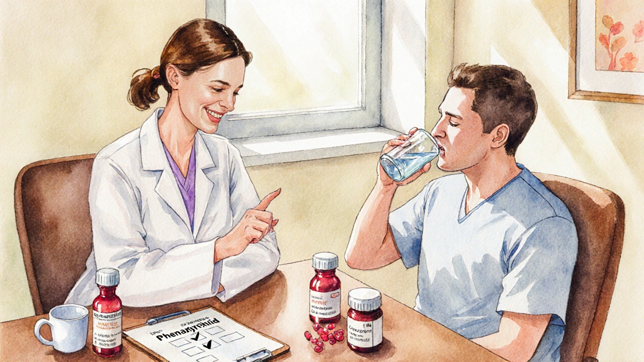 Watercolor doctor's office with patient, doctor, and medication bottles on a desk.
