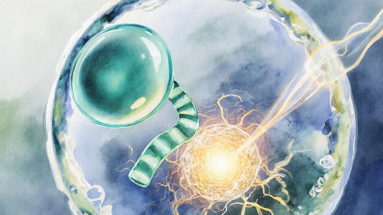 Watercolor of a prednisolone molecule binding to a cellular receptor and entering a glowing nucleus.