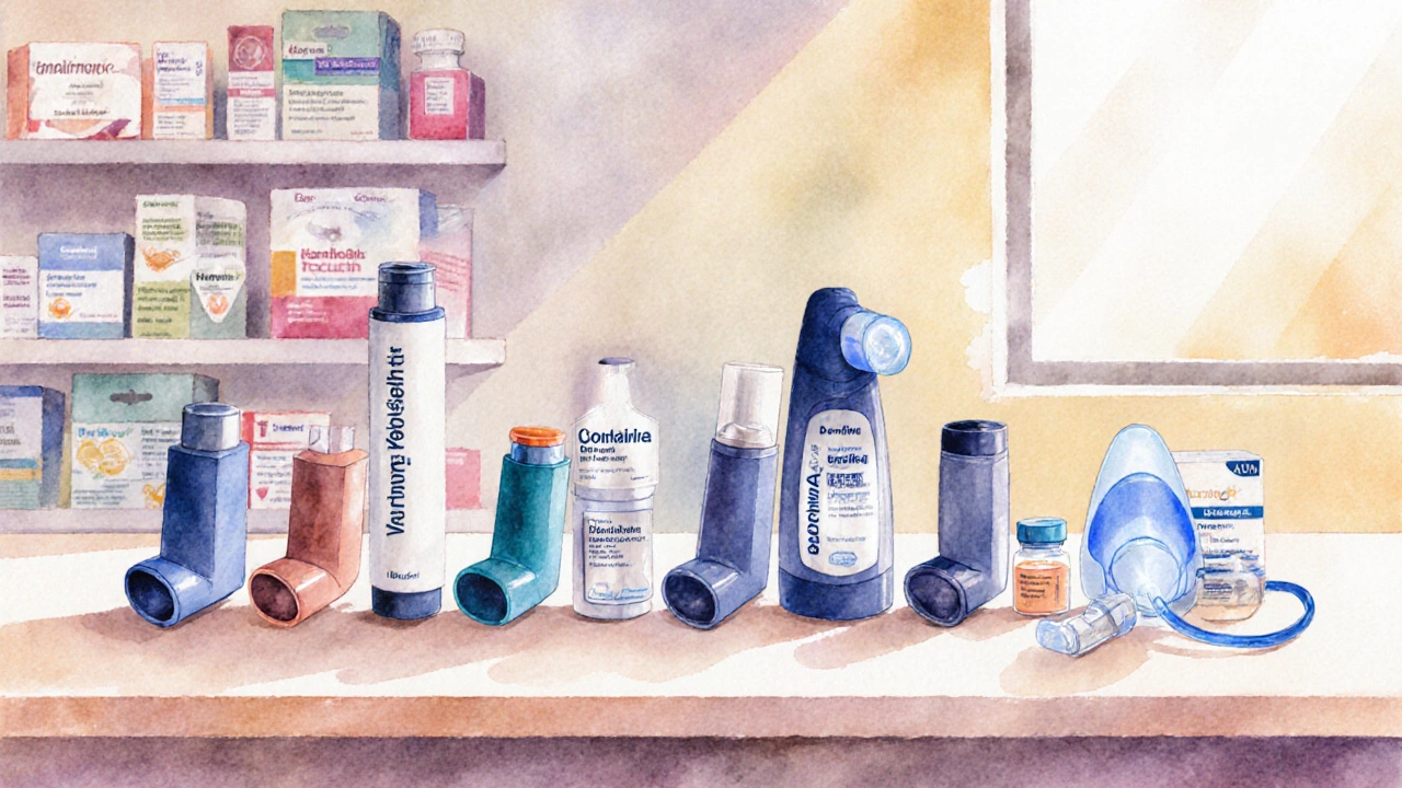 Watercolor of pharmacy shelf with multiple inhalers arranged side by side.