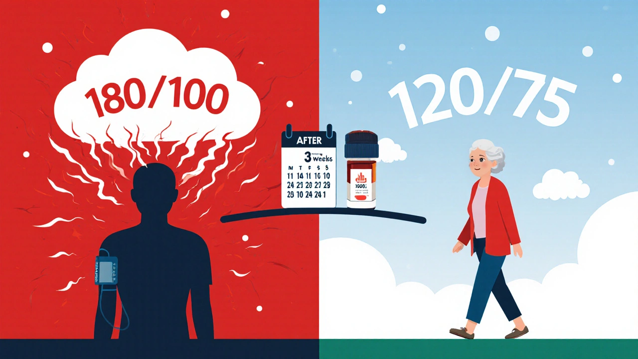 Before-and-after illustration of a patient’s blood pressure dropping from dangerous levels to normal, with a calm scene of a woman walking peacefully.