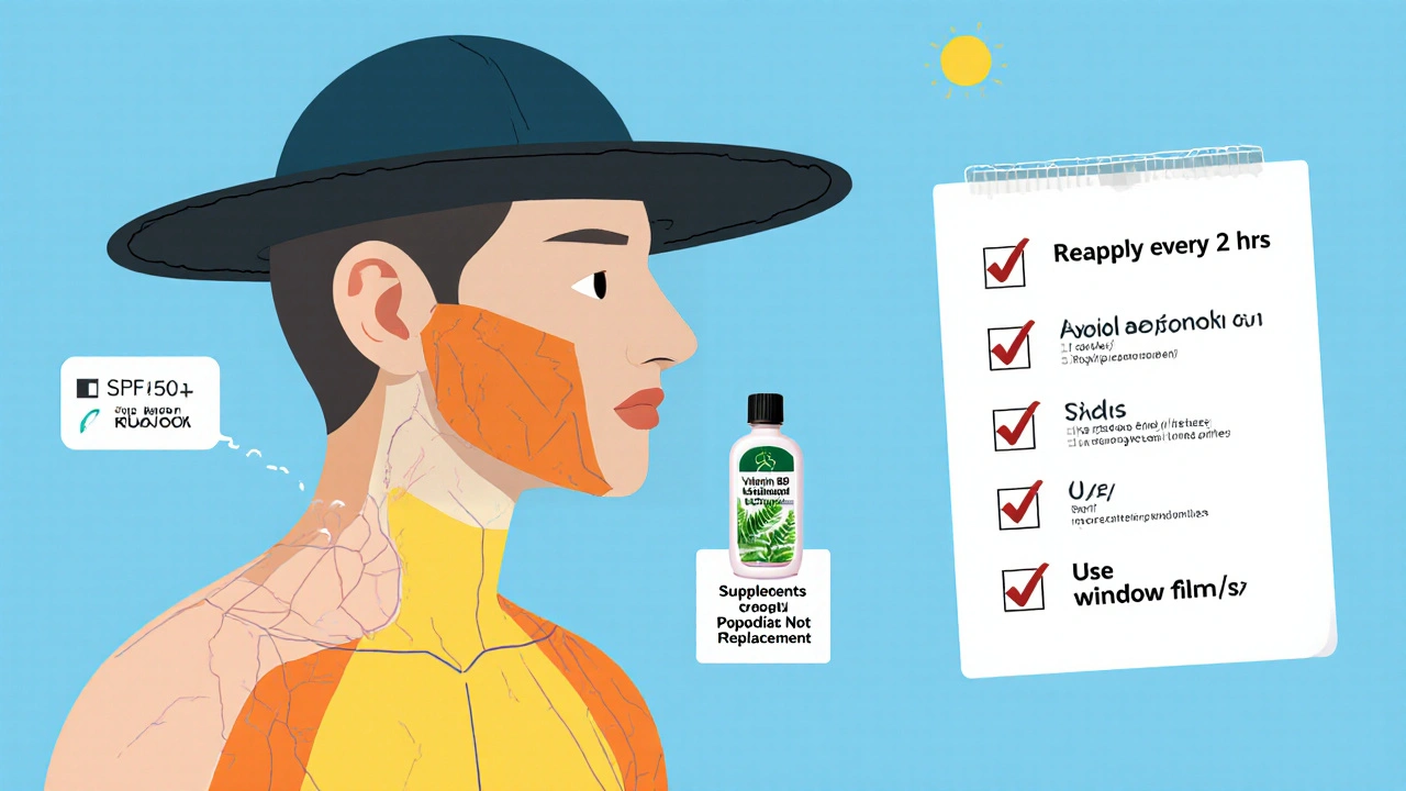 Body map with protected zones and sun safety checklist, alongside supplements and medical note.