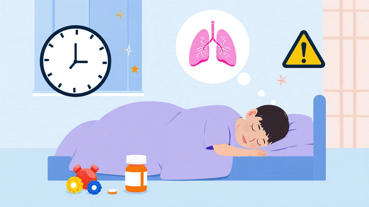 Child asleep in bed after accidentally taking too much allergy medicine, with warning symbols nearby.