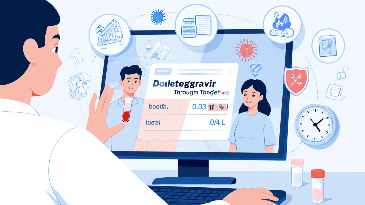 Clinician reviewing low dolutegravir blood level on screen, with icons showing patient symptoms and drug interactions