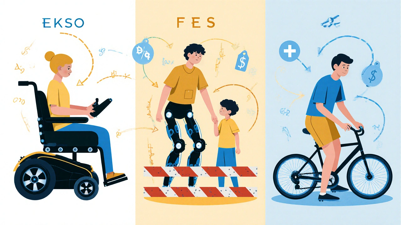 Comparison of assistive devices for spinal cord injury: wheelchair, exoskeleton, and FES bike with accessibility barriers.