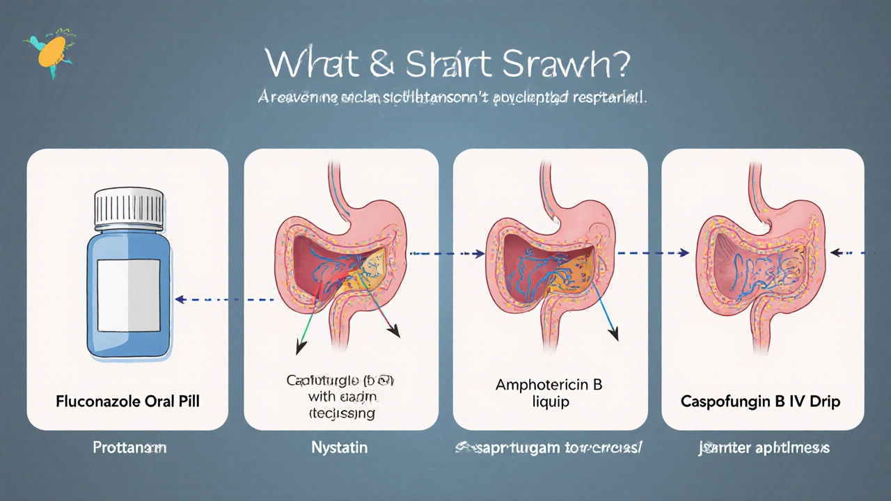 Comparison of four antifungal treatments showing how each reaches the esophagus