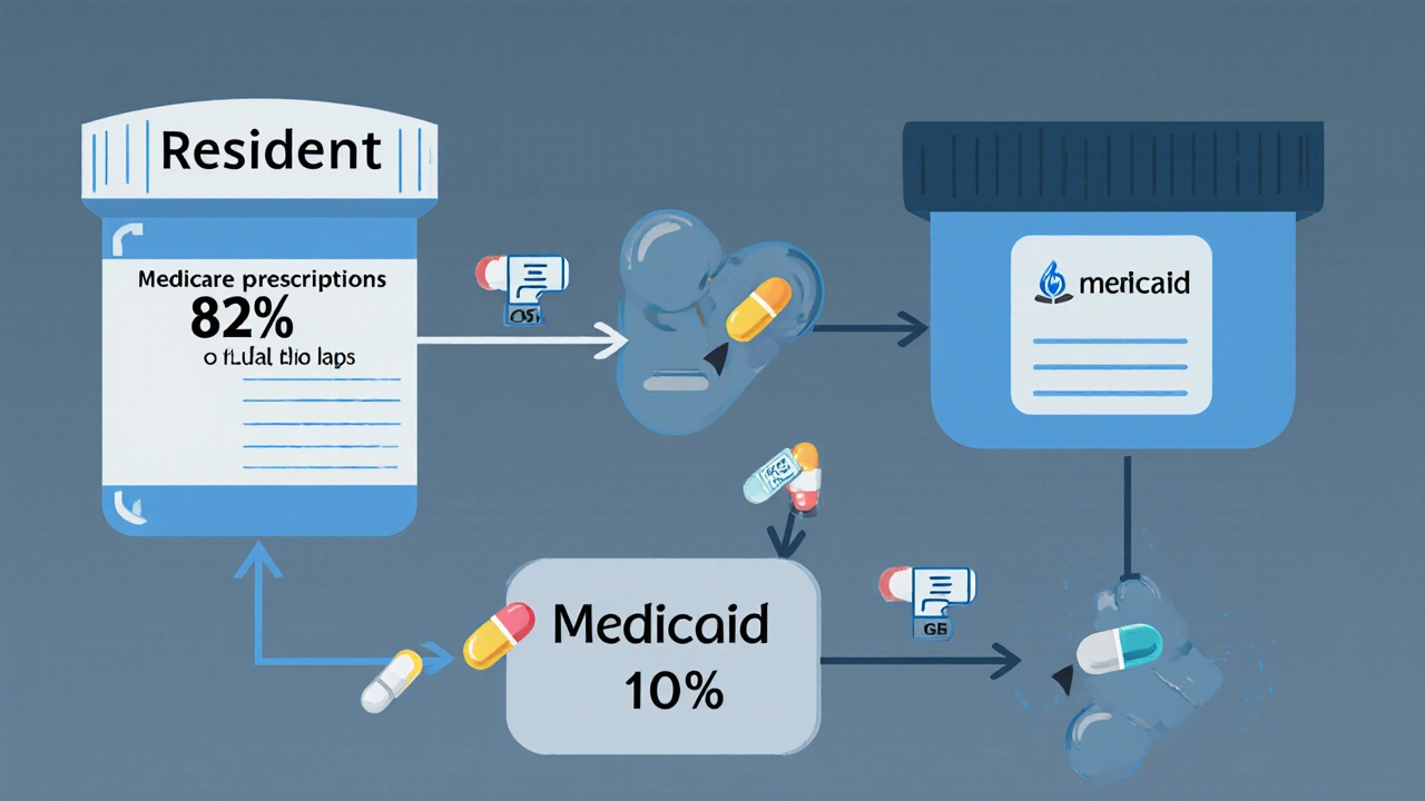 Flowchart showing Medicare Part D covers most nursing home prescriptions, with Medicaid and out-of-pocket as smaller paths.