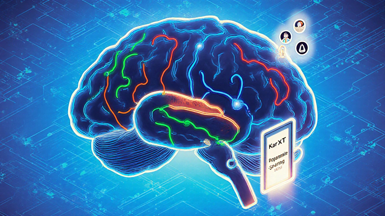 Futuristic brain map with KarXT drug unlocking serotonin pathway to avoid dopamine interference.